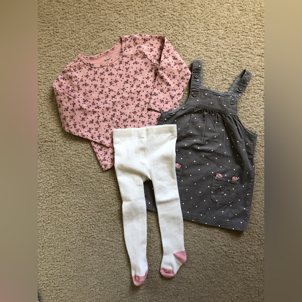 Pre-Owned Carter’s 3 Pc. Grey Dress Overall Outfit (Size: 24 Months)